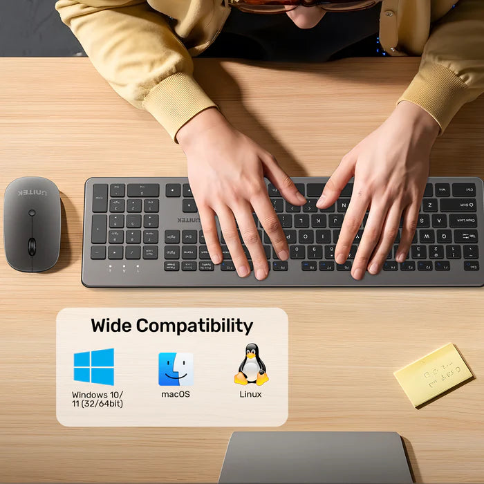 UNITEK SlimDuo Wireless Keyboard and Mouse Combo, 2.4GHz Full-Size Silent Keyboard & 1600 DPI Mouse, USB Plug & Play, Windows/Mac/Linux