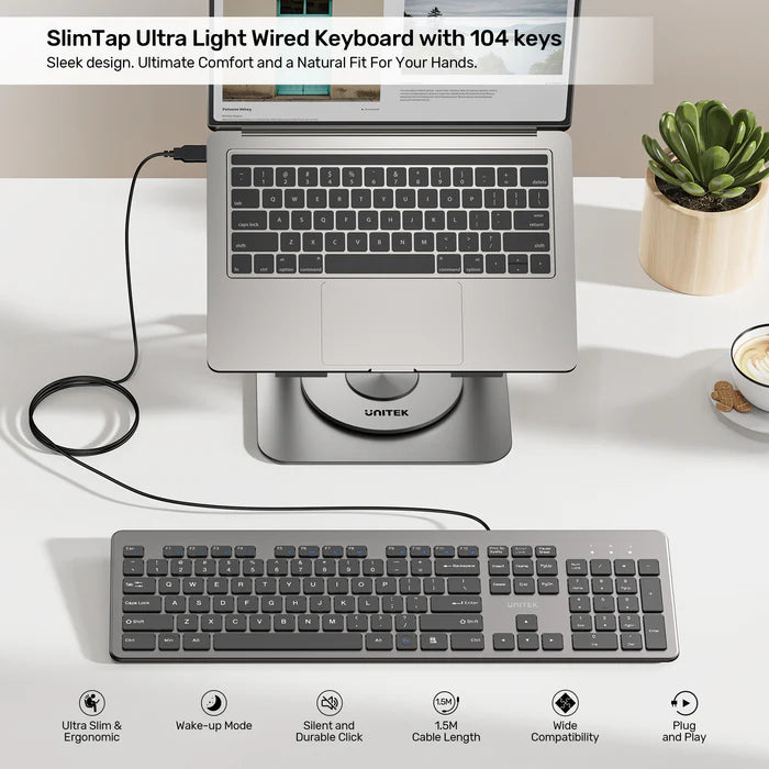 لوحة مفاتيح سلكية UNITEK SlimTap بمفتاح 104، تصميم كامل الحجم فائق النحافة، كتابة صامتة، تصميم مريح مرتفع، اتصال USB-A، رمادي فضائي