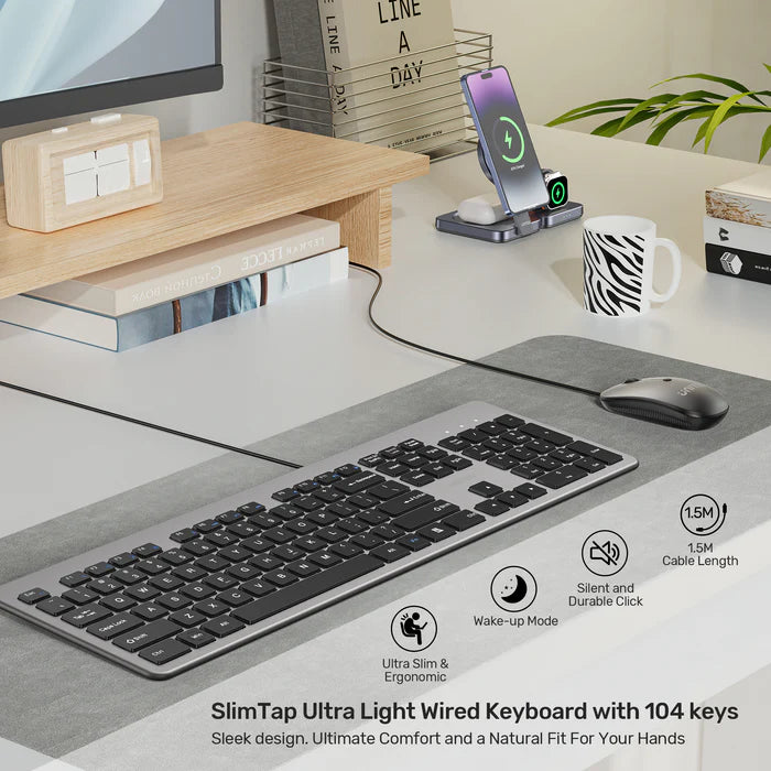 لوحة مفاتيح سلكية UNITEK SlimTap بمفتاح 104، تصميم كامل الحجم فائق النحافة، كتابة صامتة، تصميم مريح مرتفع، اتصال USB-A، رمادي فضائي