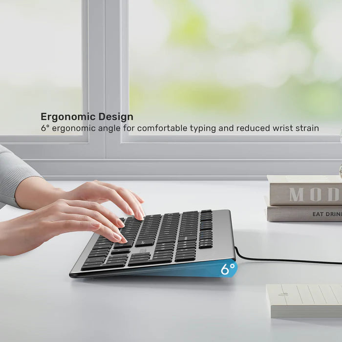 لوحة مفاتيح سلكية UNITEK SlimTap بمفتاح 104، تصميم كامل الحجم فائق النحافة، كتابة صامتة، تصميم مريح مرتفع، اتصال USB-A، رمادي فضائي
