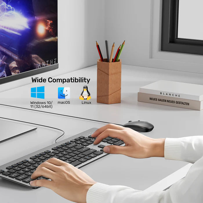 لوحة مفاتيح سلكية UNITEK SlimTap بمفتاح 104، تصميم كامل الحجم فائق النحافة، كتابة صامتة، تصميم مريح مرتفع، اتصال USB-A، رمادي فضائي