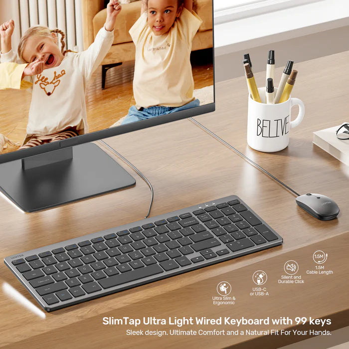 لوحة مفاتيح سلكية خفيفة للغاية من UNITEK، 99 مفتاح صامت، تصميم مريح منخفض الارتفاع، لوحة مفاتيح USB-C قابلة للتوصيل والتشغيل مع محول USB-A للاستخدام المنزلي والمكتبي والتجاري