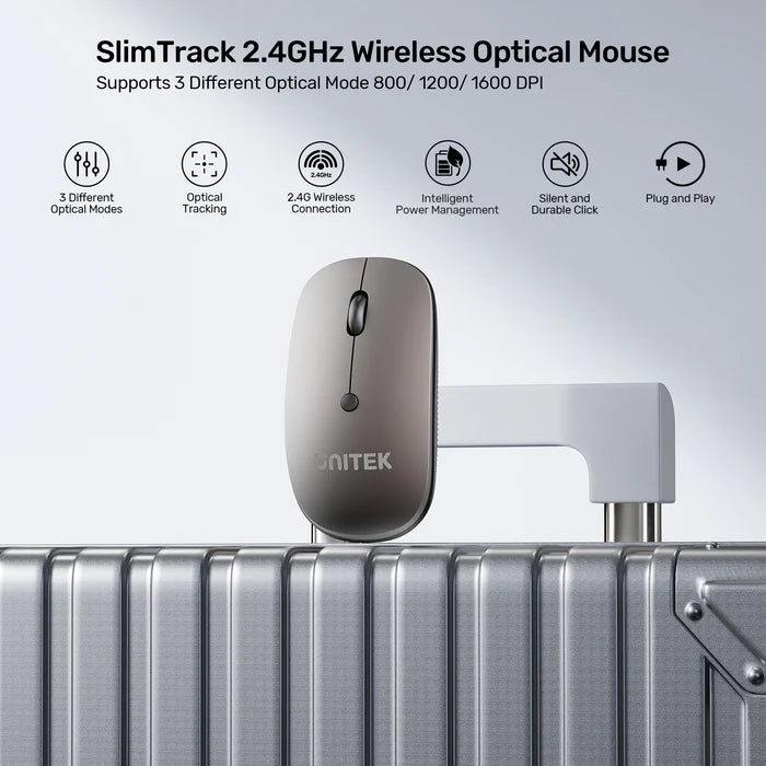 UNITEK SlimTrack Wireless Optical Mouse, 2.4GHz Cordless Mouse with 1600 DPI, Silent Click, Ergonomic Design, USB Plug & Play for Laptop and PC