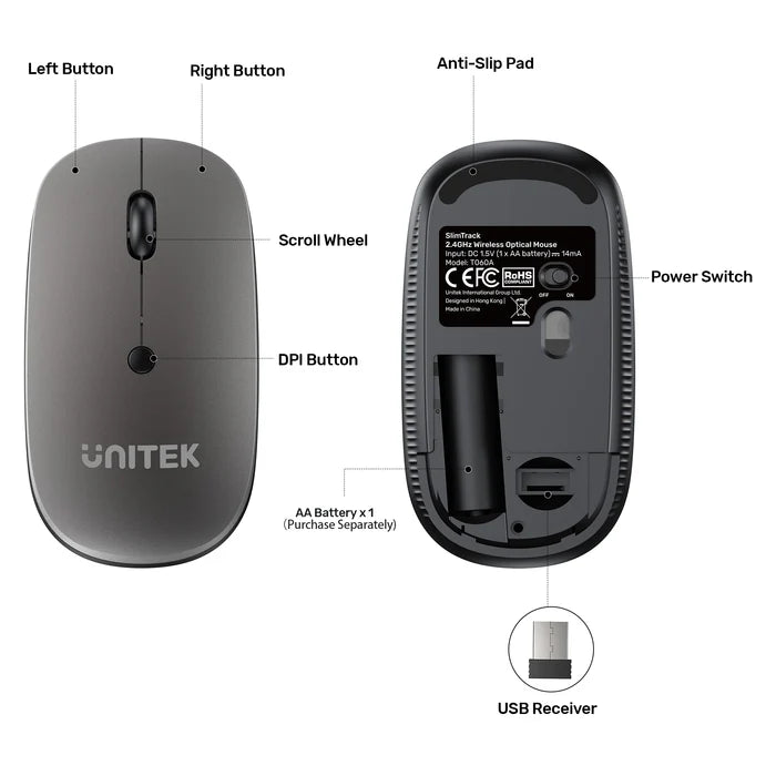 UNITEK SlimTrack Wireless Optical Mouse, 2.4GHz Cordless Mouse with 1600 DPI, Silent Click, Ergonomic Design, USB Plug & Play for Laptop and PC