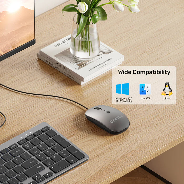 UNITEK SlimTrack Wired Optical Mouse, 1600 DPI, Silent Click, USB-A Plug & Play, Ergonomic Ambidextrous Design, Space Gray