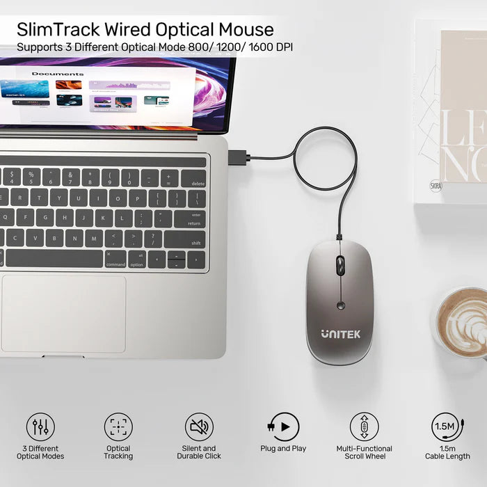 UNITEK SlimTrack Wired Optical Mouse, 1600 DPI, Silent Click, USB-A Plug & Play, Ergonomic Ambidextrous Design, Space Gray