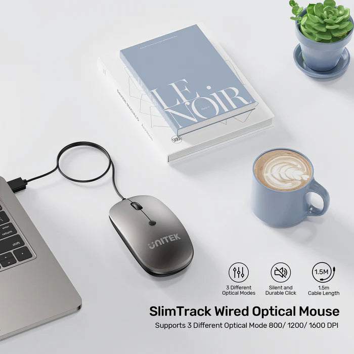 UNITEK SlimTrack Wired Optical Mouse, 1600 DPI, Silent Click, USB-A Plug & Play, Ergonomic Ambidextrous Design, Space Gray