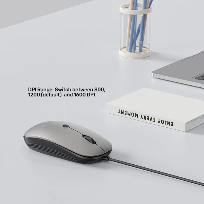 UNITEK SlimTrack Wired Optical Mouse, 1600 DPI, Silent Click, USB-A Plug & Play, Ergonomic Ambidextrous Design, Space Gray