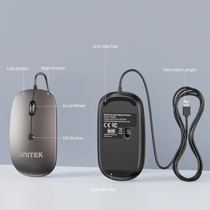 UNITEK SlimTrack Wired Optical Mouse, 1600 DPI, Silent Click, USB-A Plug & Play, Ergonomic Ambidextrous Design, Space Gray