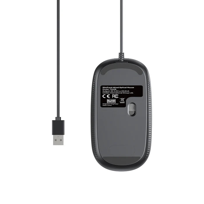 UNITEK SlimTrack Wired Optical Mouse, 1600 DPI, Silent Click, USB-A Plug & Play, Ergonomic Ambidextrous Design, Space Gray