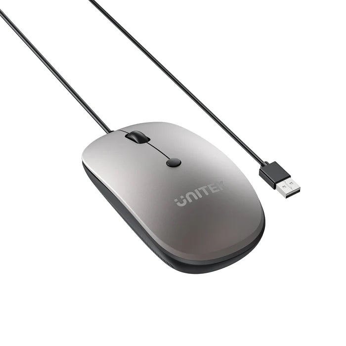 UNITEK SlimTrack Wired Optical Mouse, 1600 DPI, Silent Click, USB-A Plug & Play, Ergonomic Ambidextrous Design, Space Gray