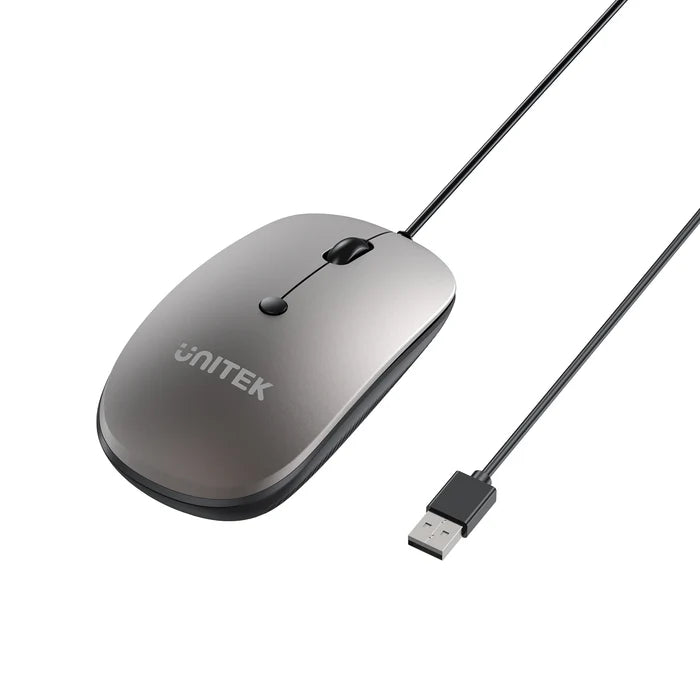 UNITEK SlimTrack Wired Optical Mouse, 1600 DPI, Silent Click, USB-A Plug & Play, Ergonomic Ambidextrous Design, Space Gray