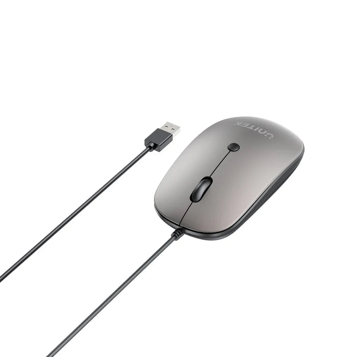 UNITEK SlimTrack Wired Optical Mouse, 1600 DPI, Silent Click, USB-A Plug & Play, Ergonomic Ambidextrous Design, Space Gray