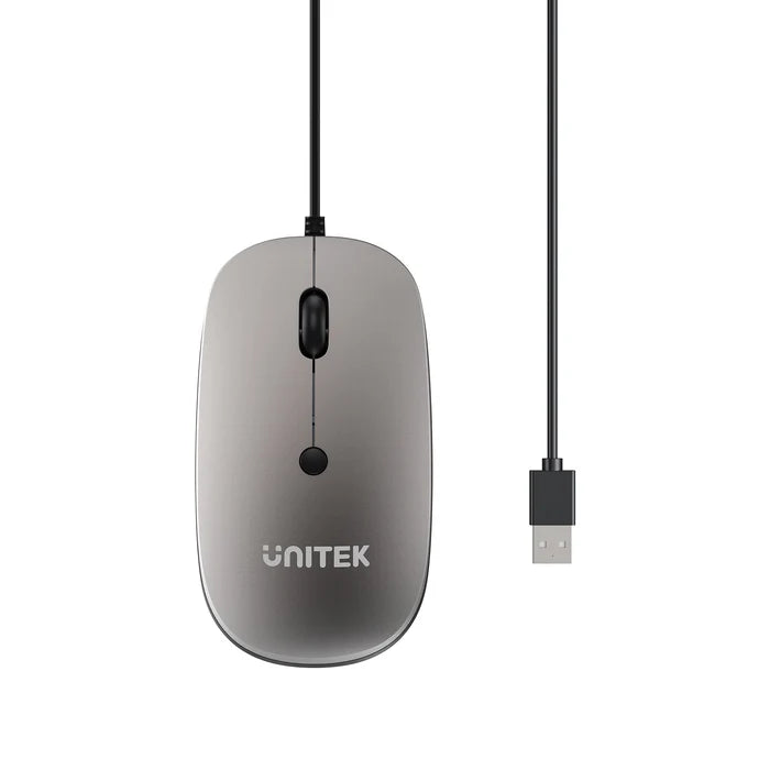 UNITEK SlimTrack Wired Optical Mouse, 1600 DPI, Silent Click, USB-A Plug & Play, Ergonomic Ambidextrous Design, Space Gray
