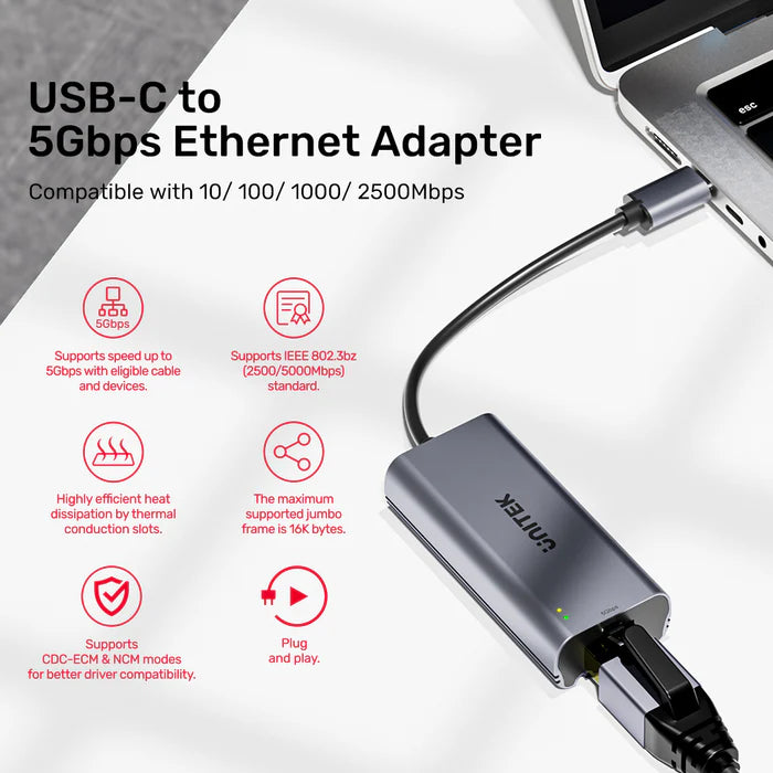 محول إيثرنت UNITEK USB-C إلى 5 جيجابت في الثانية - محول شبكة محلية سلكي عالي السرعة مع اتصال USB-C، ميزة التوصيل والتشغيل