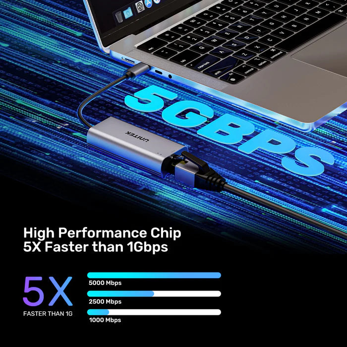 محول إيثرنت UNITEK USB-C إلى 5 جيجابت في الثانية - محول شبكة محلية سلكي عالي السرعة مع اتصال USB-C، ميزة التوصيل والتشغيل