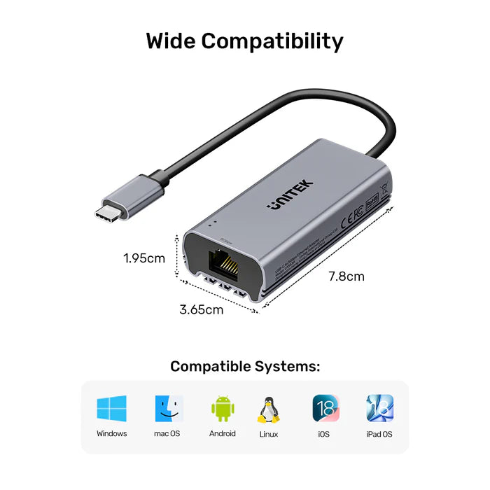 محول إيثرنت UNITEK USB-C إلى 5 جيجابت في الثانية - محول شبكة محلية سلكي عالي السرعة مع اتصال USB-C، ميزة التوصيل والتشغيل