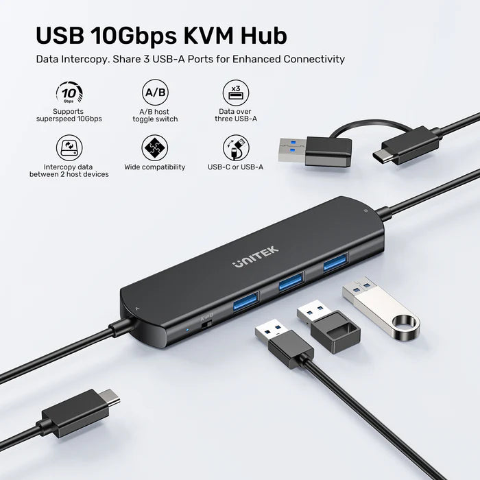 UNITEK 10Gbps USB KVM Switch Hub, Dual PC USB Sharing Device with 3 USB-A Ports, One-Button Switching, High-Speed Data Transfer, Plug & Play