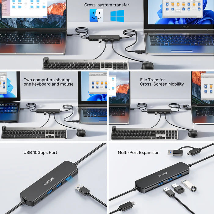 UNITEK 10Gbps USB KVM Switch Hub, Dual PC USB Sharing Device with 3 USB-A Ports, One-Button Switching, High-Speed Data Transfer, Plug & Play
