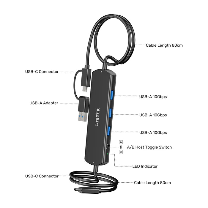 UNITEK 10Gbps USB KVM Switch Hub, Dual PC USB Sharing Device with 3 USB-A Ports, One-Button Switching, High-Speed Data Transfer, Plug & Play