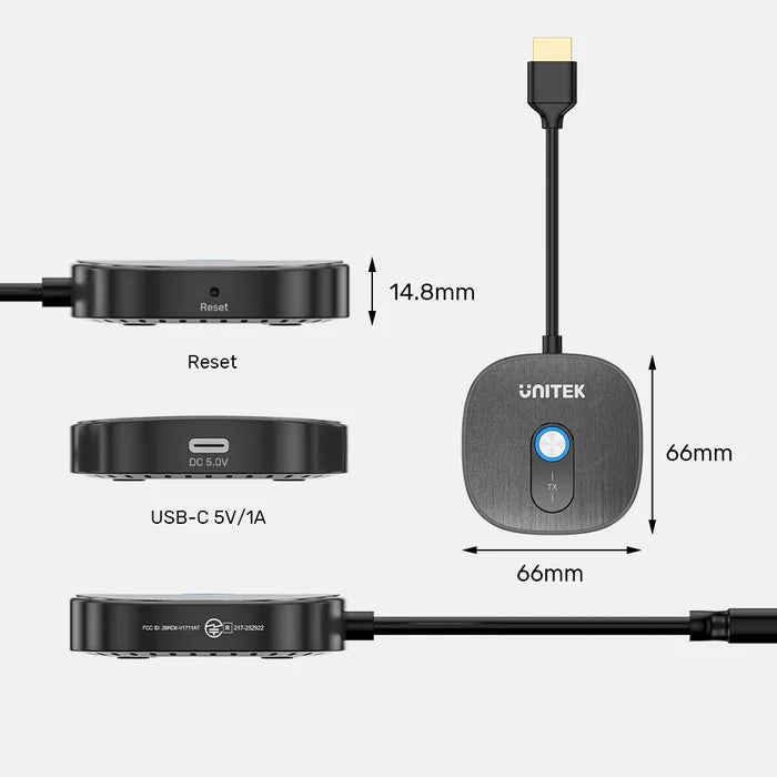 مرسل HDMI لاسلكي ومستقبلان مزدوجان من UNITEK، دقة كاملة 1080P بمعدل تحديث 60 هرتز، مدى 50 متر / 165 قدم، توصيل وتشغيل