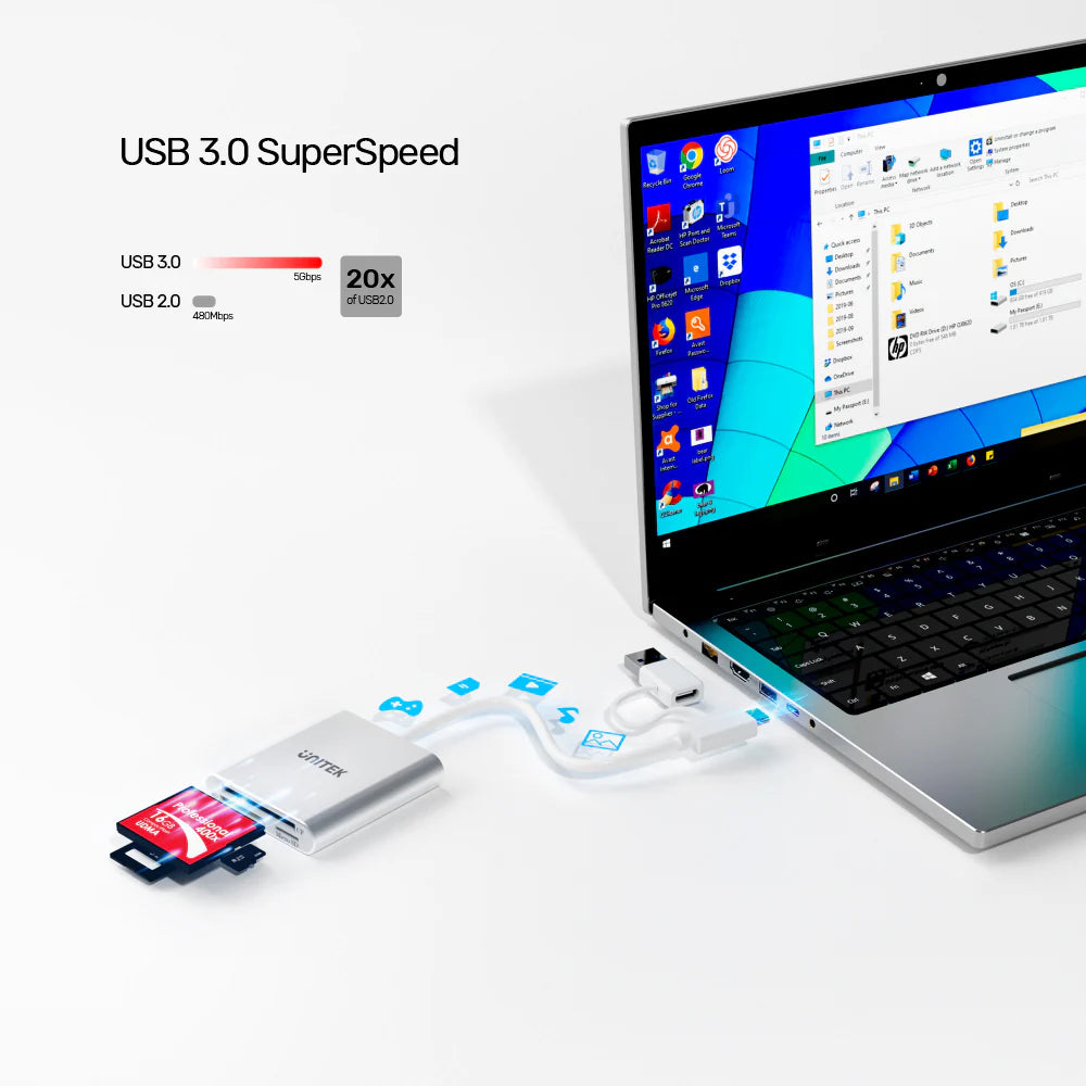 قارئ بطاقات ذاكرة UNITEK بثلاثة منافذ USB 3.0 مع محول USB Type-C