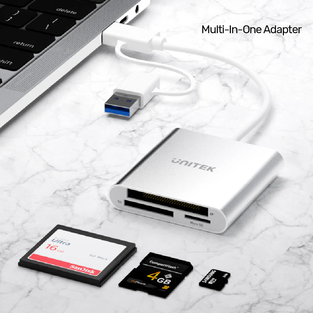 قارئ بطاقات ذاكرة UNITEK بثلاثة منافذ USB 3.0 مع محول USB Type-C