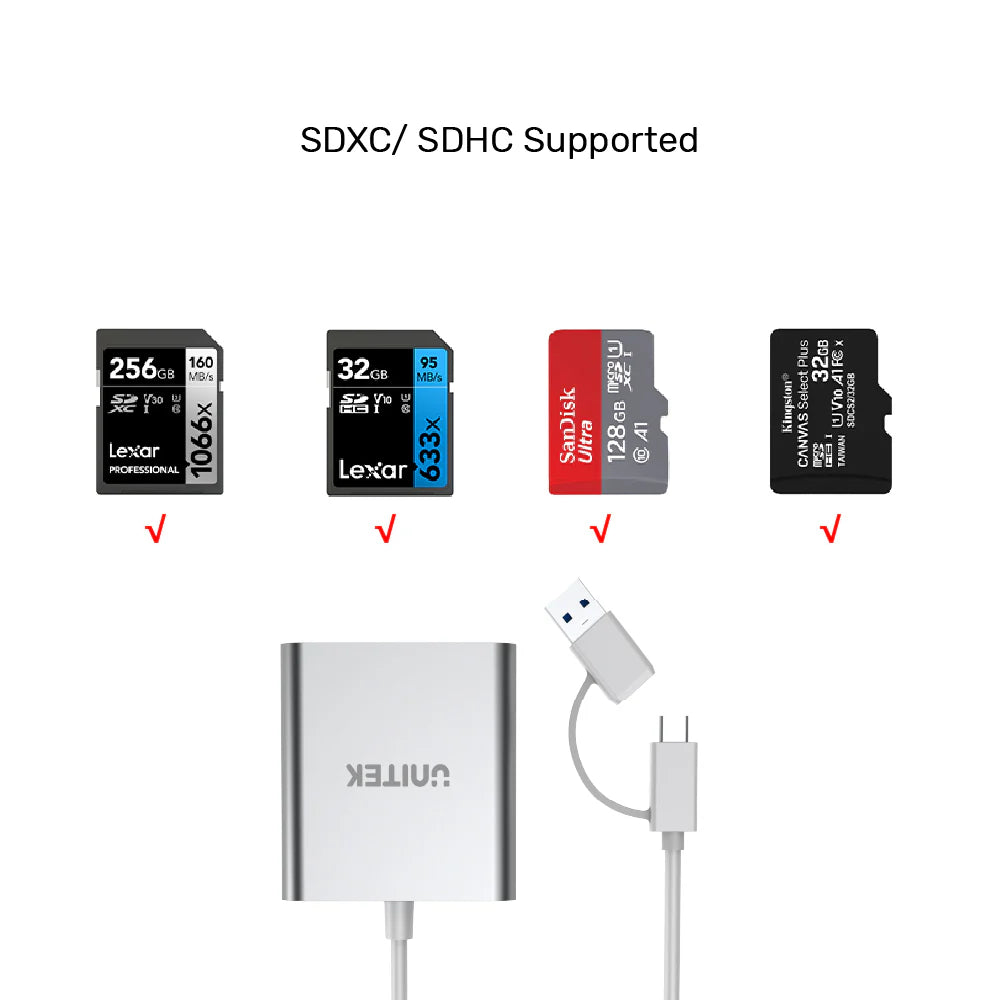 قارئ بطاقات ذاكرة UNITEK بثلاثة منافذ USB 3.0 مع محول USB Type-C