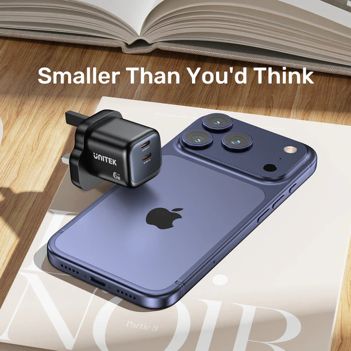 شاحن حائطي UNITEK بقوة 45 واط GaN (قابس المملكة المتحدة)، شاحن USB-C سريع Zeno PPS، محول طاقة مدمج لهواتف iPhone 15/16، Samsung Galaxy S25/S26، MacBook Air، iPad Pro