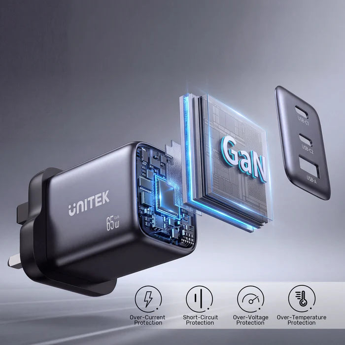شاحن سريع UNITEK Zeno بقوة 65 واط مع 3 منافذ GaN، مزود بمقبس بريطاني 3 دبابيس، محول حائط USB C متعدد المنافذ يدعم PPS PD 3.0 لأجهزة اللابتوب والهواتف الذكية والأجهزة اللوحية