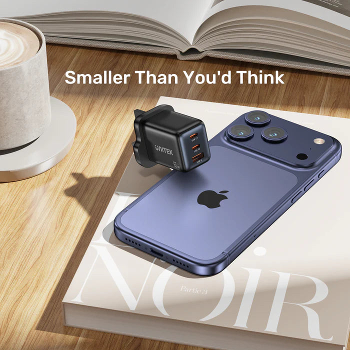 شاحن سريع UNITEK Zeno بقوة 65 واط مع 3 منافذ GaN، مزود بمقبس بريطاني 3 دبابيس، محول حائط USB C متعدد المنافذ يدعم PPS PD 3.0 لأجهزة اللابتوب والهواتف الذكية والأجهزة اللوحية