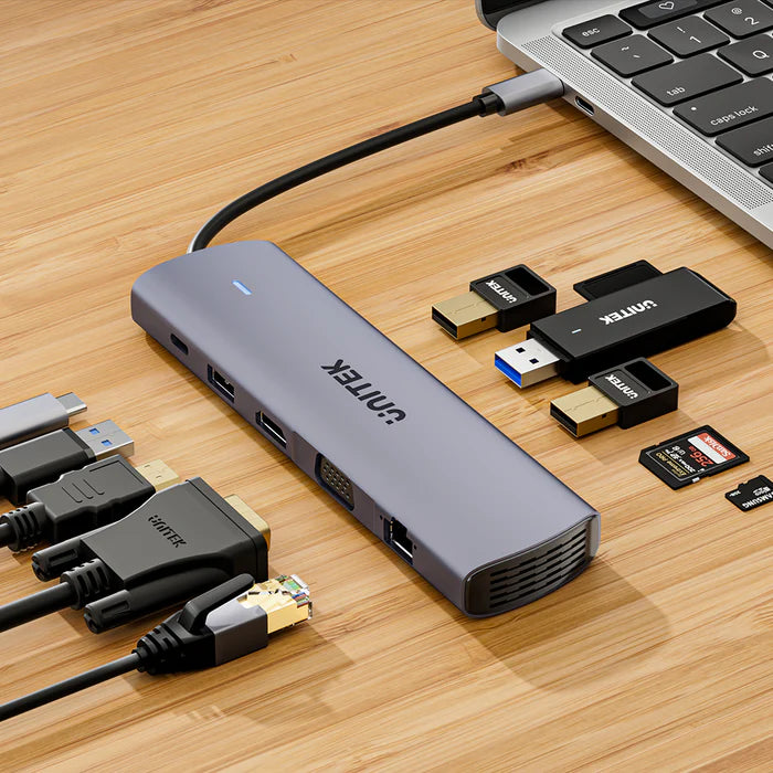محور USB-C من UNITEK 11 في 1 (uHUB U11+)، محطة إرساء بشاشتين مع منفذي 4K HDMI، VGA، شحن بقوة 100 واط، إيثرنت، USB 3.0، وقارئ بطاقات SD/TF لأجهزة اللابتوب