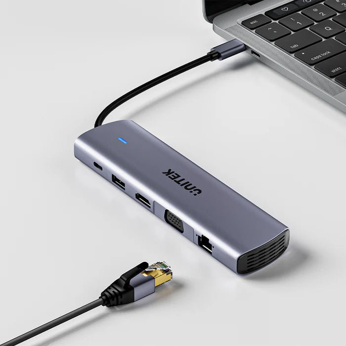 محور USB-C من UNITEK 11 في 1 (uHUB U11+)، محطة إرساء بشاشتين مع منفذي 4K HDMI، VGA، شحن بقوة 100 واط، إيثرنت، USB 3.0، وقارئ بطاقات SD/TF لأجهزة اللابتوب