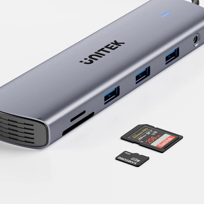 محور USB-C من UNITEK 11 في 1 (uHUB U11+)، محطة إرساء بشاشتين مع منفذي 4K HDMI، VGA، شحن بقوة 100 واط، إيثرنت، USB 3.0، وقارئ بطاقات SD/TF لأجهزة اللابتوب