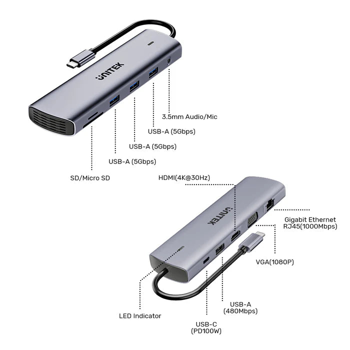 محور USB-C من UNITEK 11 في 1 (uHUB U11+)، محطة إرساء بشاشتين مع منفذي 4K HDMI، VGA، شحن بقوة 100 واط، إيثرنت، USB 3.0، وقارئ بطاقات SD/TF لأجهزة اللابتوب