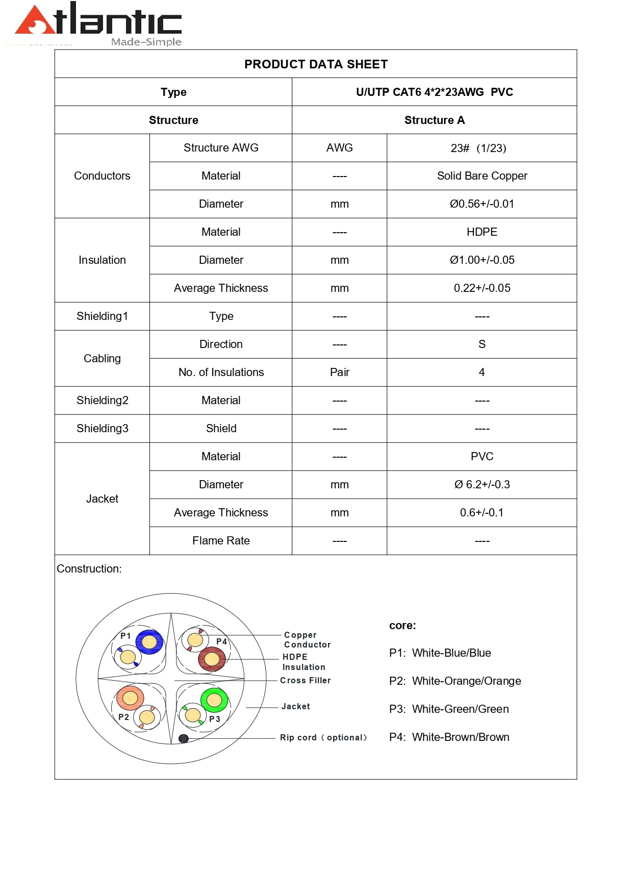سلك إيثرنت أتلانتيك CAT6 U/UTP، كابل نحاسي صلب 23AWG، 4 أزواج، PVC، كابل تثبيت شبكة محلية (LAN)