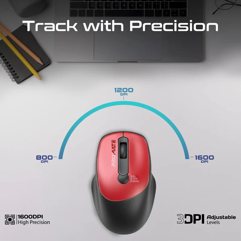 Promate Wireless Mouse, EZGrip Ergonomic Ambidextrous 2.4GHz Mice, Adjustable 1600DPI, 6 million Keystrokes, Nano USB Receiver, 10m Range, 120-hour Working Time for Laptops, PC