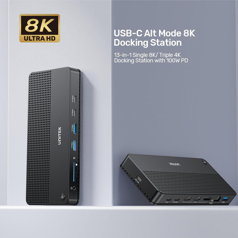 Unitek USB-C Single 8K/ Triple 4K Docking Station with 100W PD, 3 USB 10Gbps Ports, Built in SD 4.0 and Micro SD 3.0 Card Slots, Power Delivery up to 100W