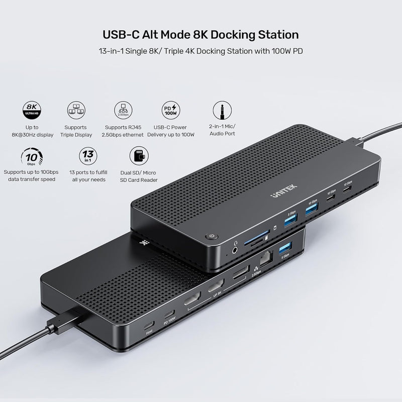 Unitek USB-C Single 8K/ Triple 4K Docking Station with 100W PD, 3 USB 10Gbps Ports, Built in SD 4.0 and Micro SD 3.0 Card Slots, Power Delivery up to 100W