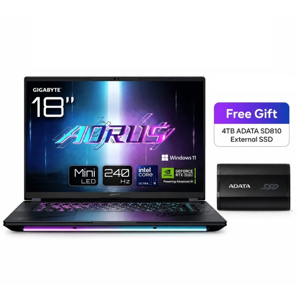 AORUS MASTER 18 BYH، شاشة 18 بوصة بدقة QHD ومعدل تحديث 240Hz – معالج Intel Core Ultra 9 275HX، وبطاقة NVIDIA RTX 5080 سعة 16GB، وذاكرة RAM سعة 32GB، وقرص SSD سعة 2TB، ونظام Windows 11 Pro (قرص ADATA SD810 SSD سعة 4TB مجانًا)