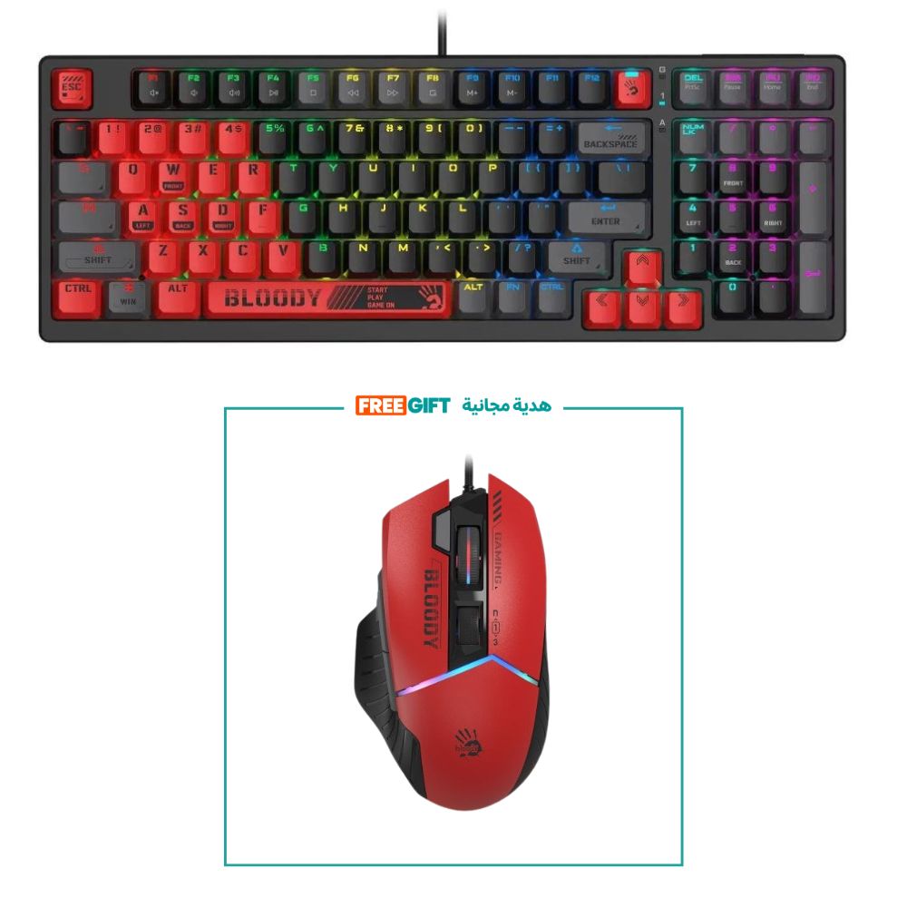 عرض لوحة مفاتيح الألعاب الميكانيكية Bloody S98 RGB بمفاتيح حمراء - ماوس ألعاب سلكي Bloody W95 Max مجانًا