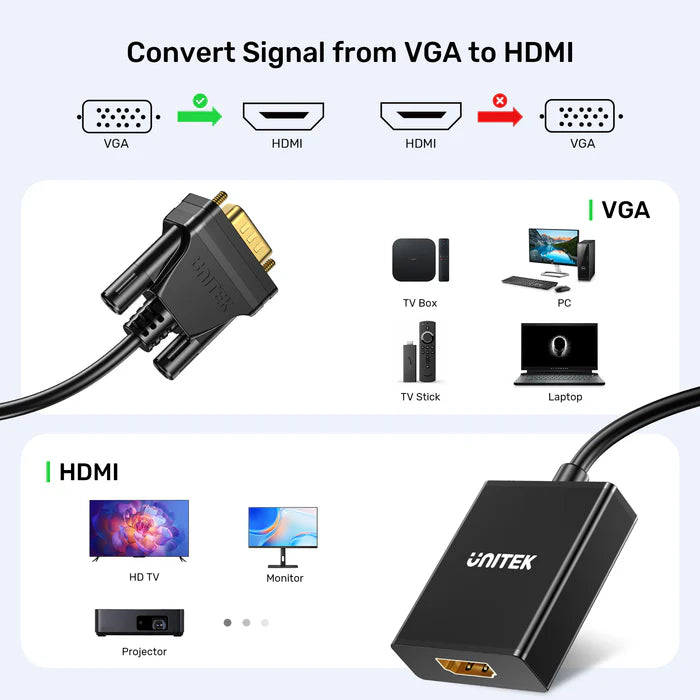 محول UNITEK من VGA إلى HDMI، محول VGA إلى HDMI بدقة 1080P كاملة عند 60 هرتز، توصيل وتشغيل، دعم الصوت، يعمل بالطاقة عبر مايكرو USB، للحواسيب الشخصية، اللابتوب، الشاشات والتلفاز