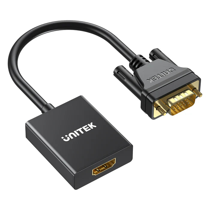 محول UNITEK من VGA إلى HDMI، محول VGA إلى HDMI بدقة 1080P كاملة عند 60 هرتز، توصيل وتشغيل، دعم الصوت، يعمل بالطاقة عبر مايكرو USB، للحواسيب الشخصية، اللابتوب، الشاشات والتلفاز
