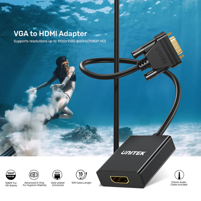 محول UNITEK من VGA إلى HDMI، محول VGA إلى HDMI بدقة 1080P كاملة عند 60 هرتز، توصيل وتشغيل، دعم الصوت، يعمل بالطاقة عبر مايكرو USB، للحواسيب الشخصية، اللابتوب، الشاشات والتلفاز