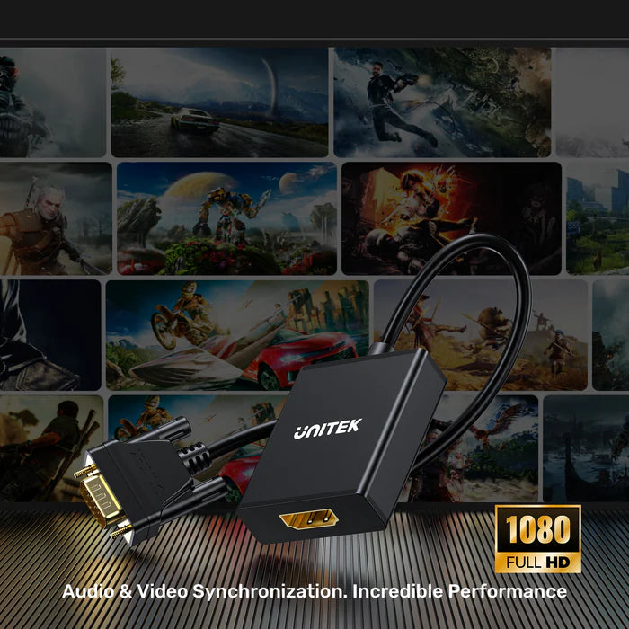 محول UNITEK من VGA إلى HDMI، محول VGA إلى HDMI بدقة 1080P كاملة عند 60 هرتز، توصيل وتشغيل، دعم الصوت، يعمل بالطاقة عبر مايكرو USB، للحواسيب الشخصية، اللابتوب، الشاشات والتلفاز