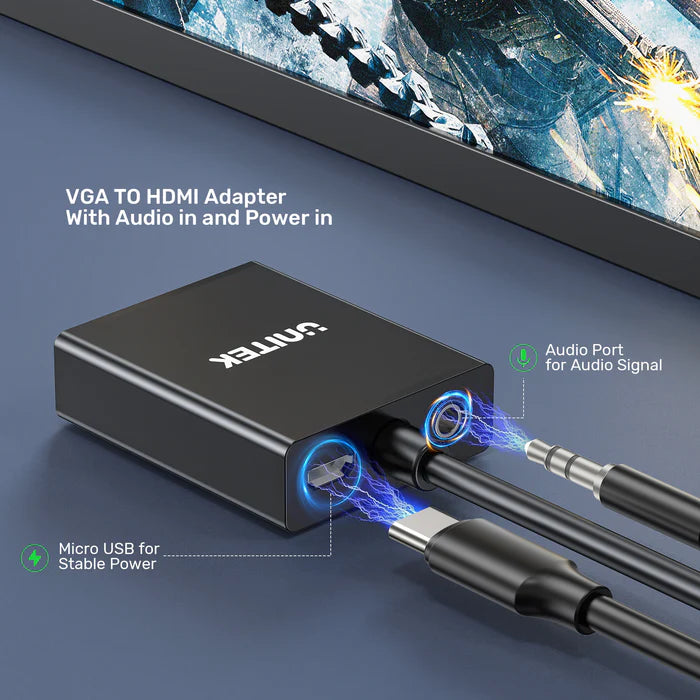 محول UNITEK من VGA إلى HDMI، محول VGA إلى HDMI بدقة 1080P كاملة عند 60 هرتز، توصيل وتشغيل، دعم الصوت، يعمل بالطاقة عبر مايكرو USB، للحواسيب الشخصية، اللابتوب، الشاشات والتلفاز
