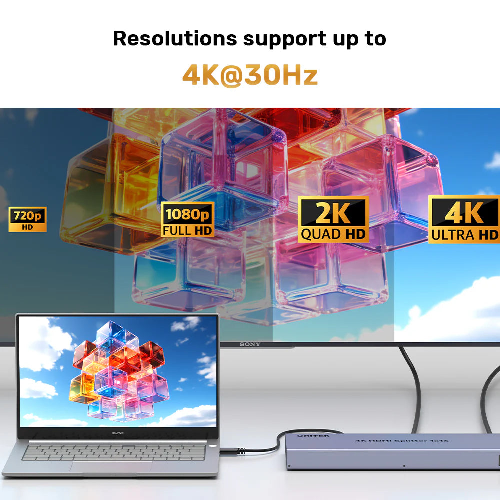 موزع HDMI 4K من UNITEK، مدخل واحد و16 مخرج - 4K بتردد 30 هرتز، HDMI 1.4، HDCP 1.4، دعم متتالي، محول 12 فولت/3 أمبير، هيكل معدني، رمادي فضائي