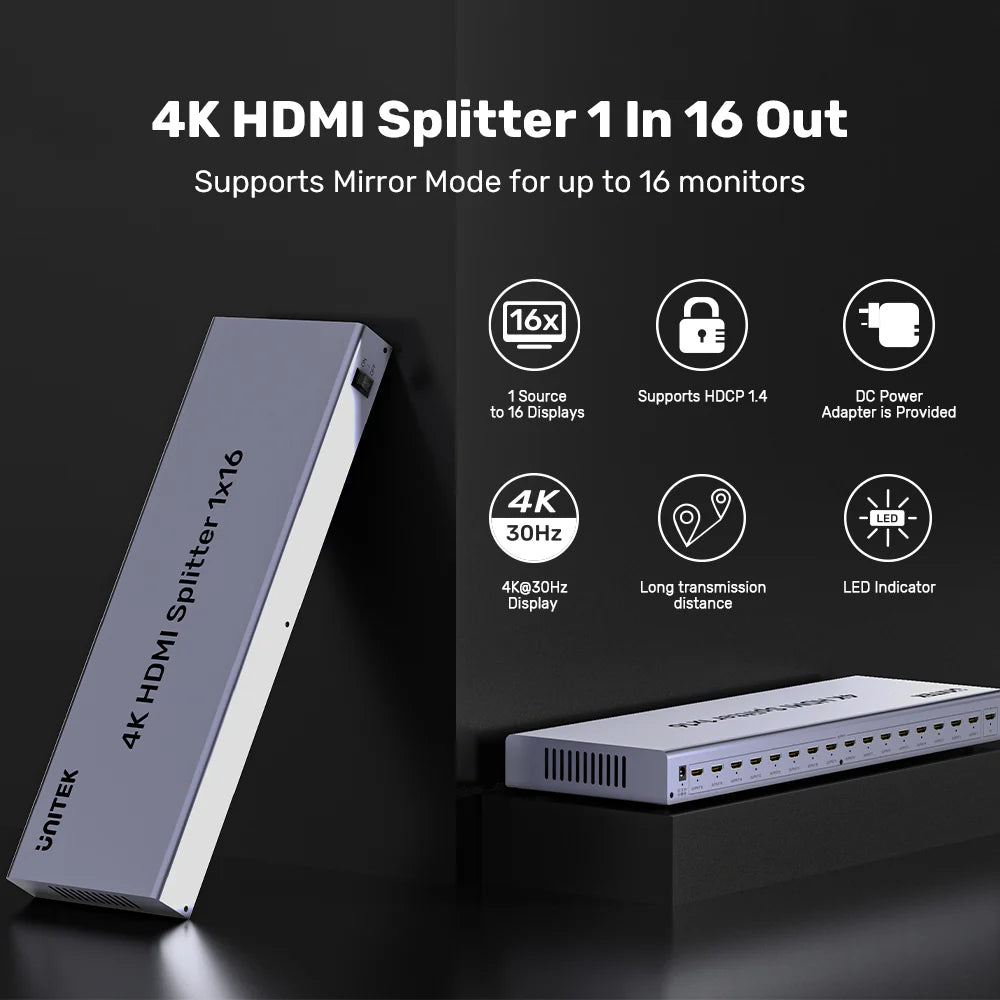 موزع HDMI 4K من UNITEK، مدخل واحد و16 مخرج - 4K بتردد 30 هرتز، HDMI 1.4، HDCP 1.4، دعم متتالي، محول 12 فولت/3 أمبير، هيكل معدني، رمادي فضائي