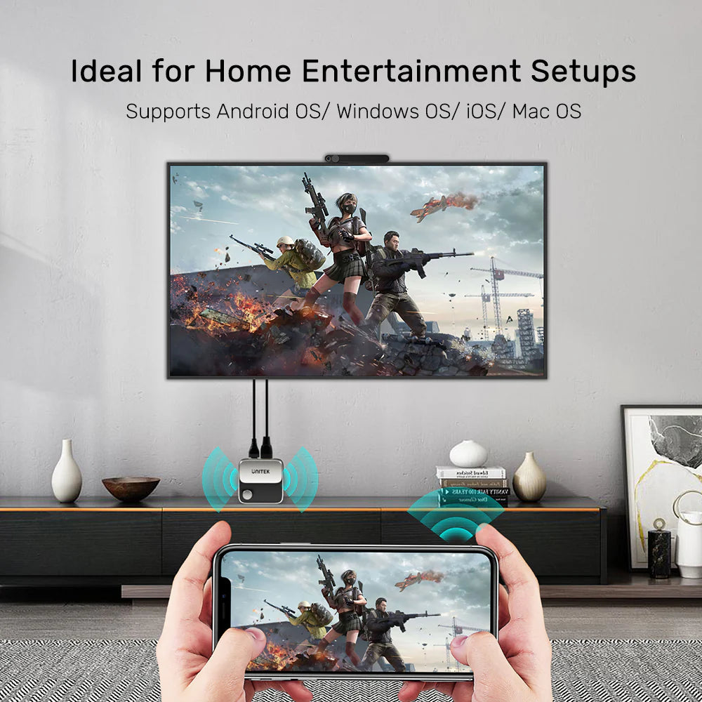 UNITEK V1162B01 Wireless Screen Mirroring Device – 4K@60Hz HDMI Dongle, Dual-Band WiFi, USB-Powered, Up to 8 m Range