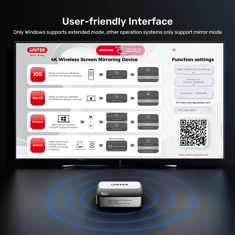 UNITEK V1162B01 Wireless Screen Mirroring Device – 4K@60Hz HDMI Dongle, Dual-Band WiFi, USB-Powered, Up to 8 m Range